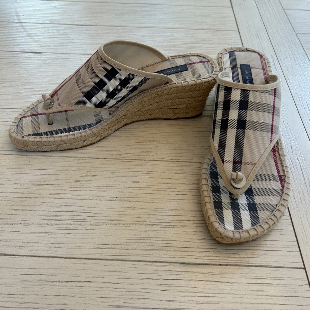 Burberry Beige Plaid Espadrille Wedge Sandals